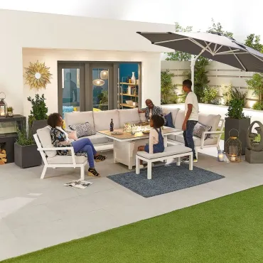 Vogue Aluminium Casual Dining Corner Sofa Set with Firepit Table & Armchair & Bench