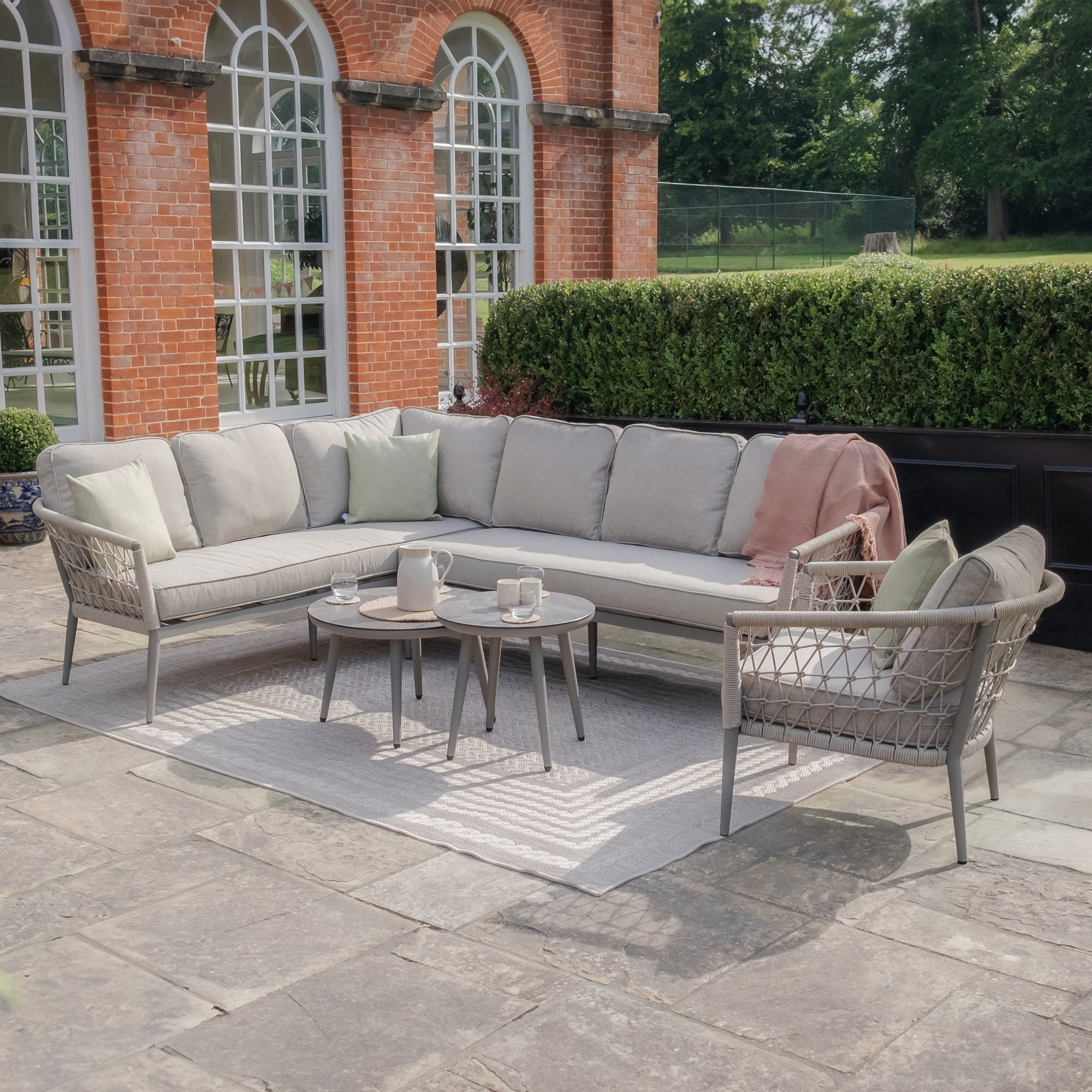 Monaco Rope Weave Large Corner with Pair of Round Coffee Tables & Armchair