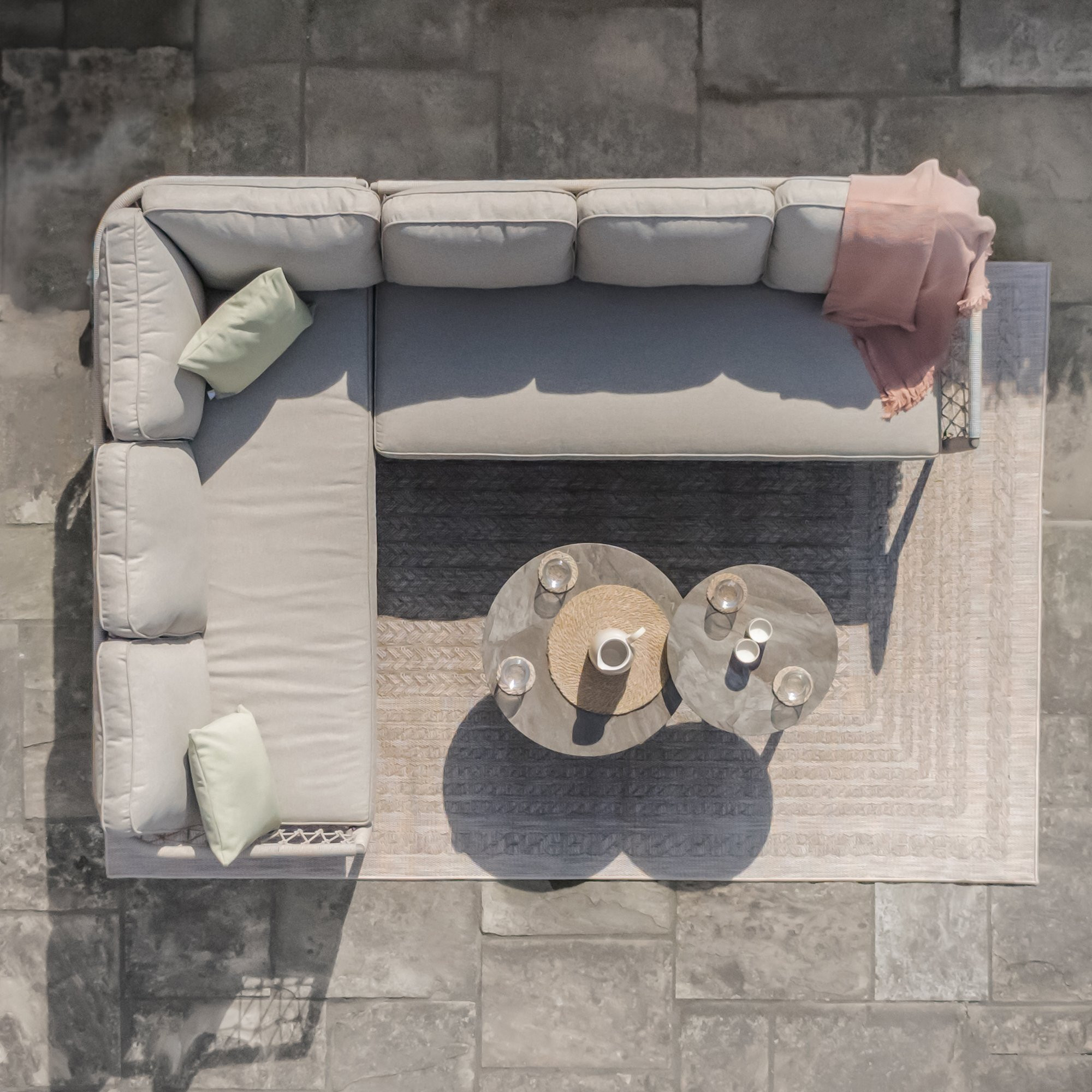 Monaco Rope Weave Large Corner with Pair of Round Coffee Tables & Armchair