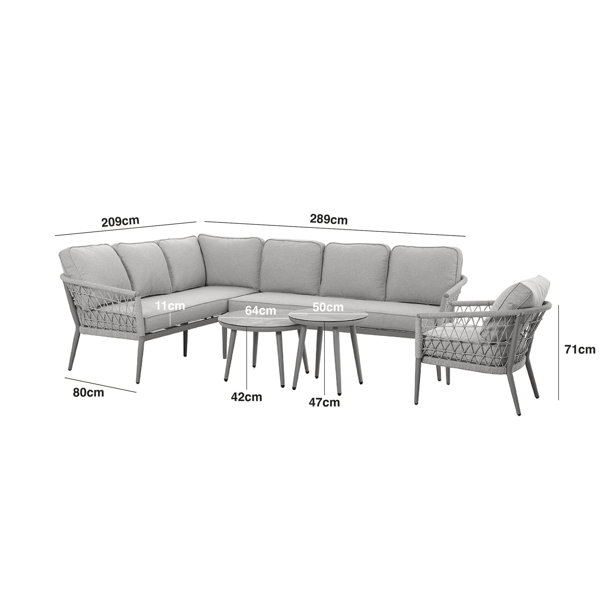Monaco Rope Weave Large Corner with Pair of Round Coffee Tables & Armchair