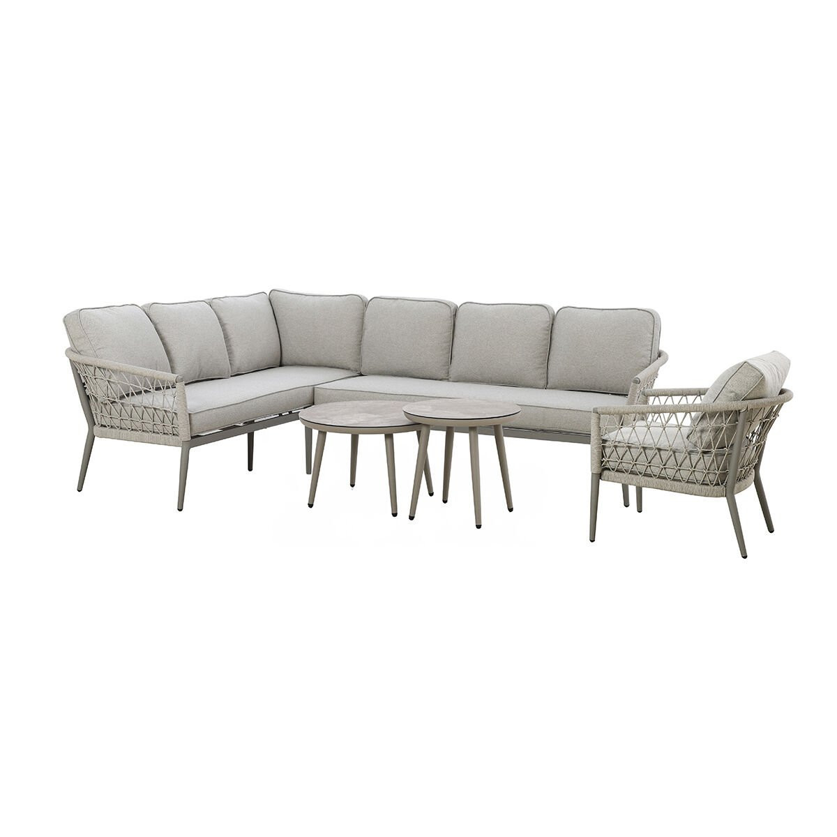 Monaco Rope Weave Large Corner with Pair of Round Coffee Tables & Armchair