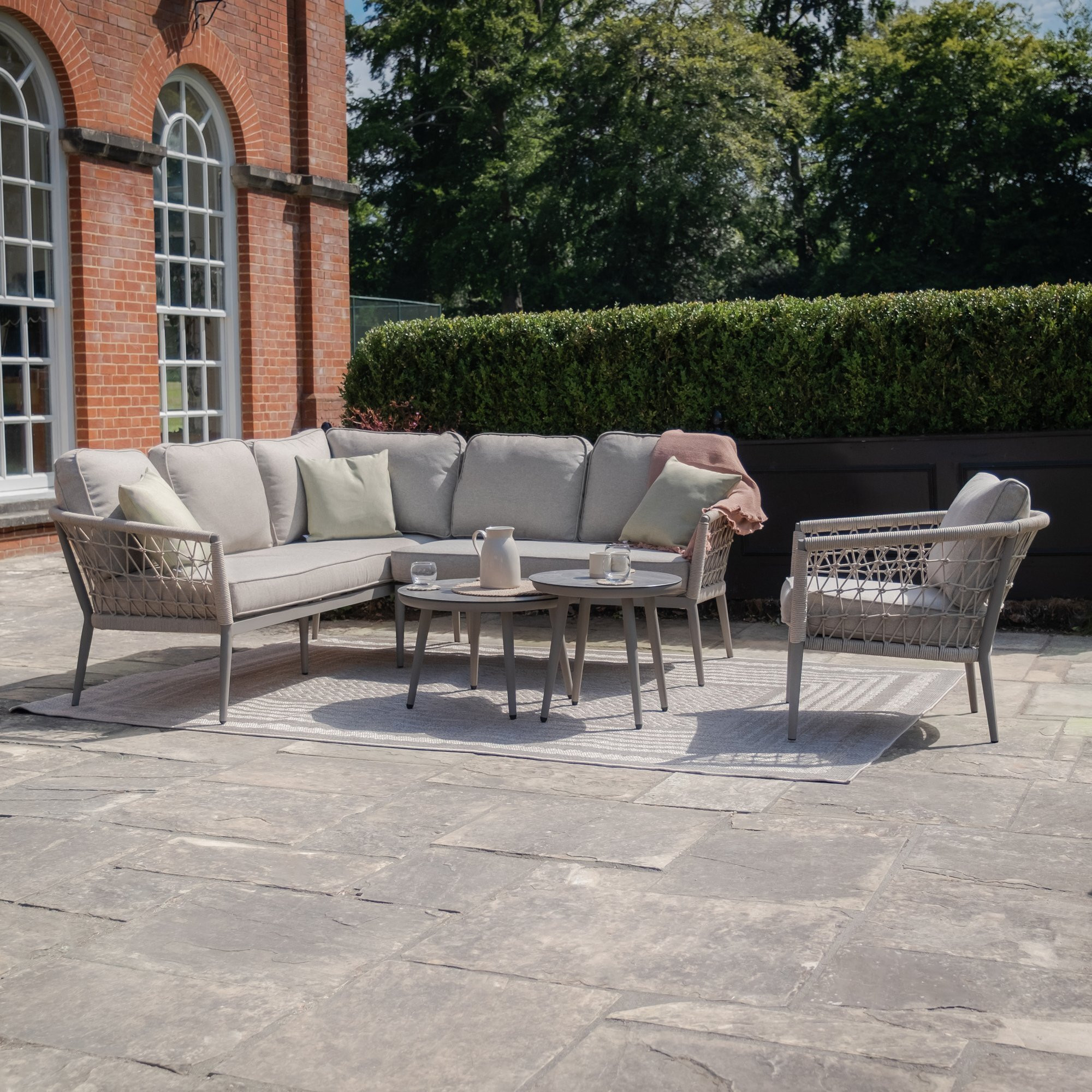 Monaco Rope Weave Small Corner with Pair of Round Coffee Tables & Armchair