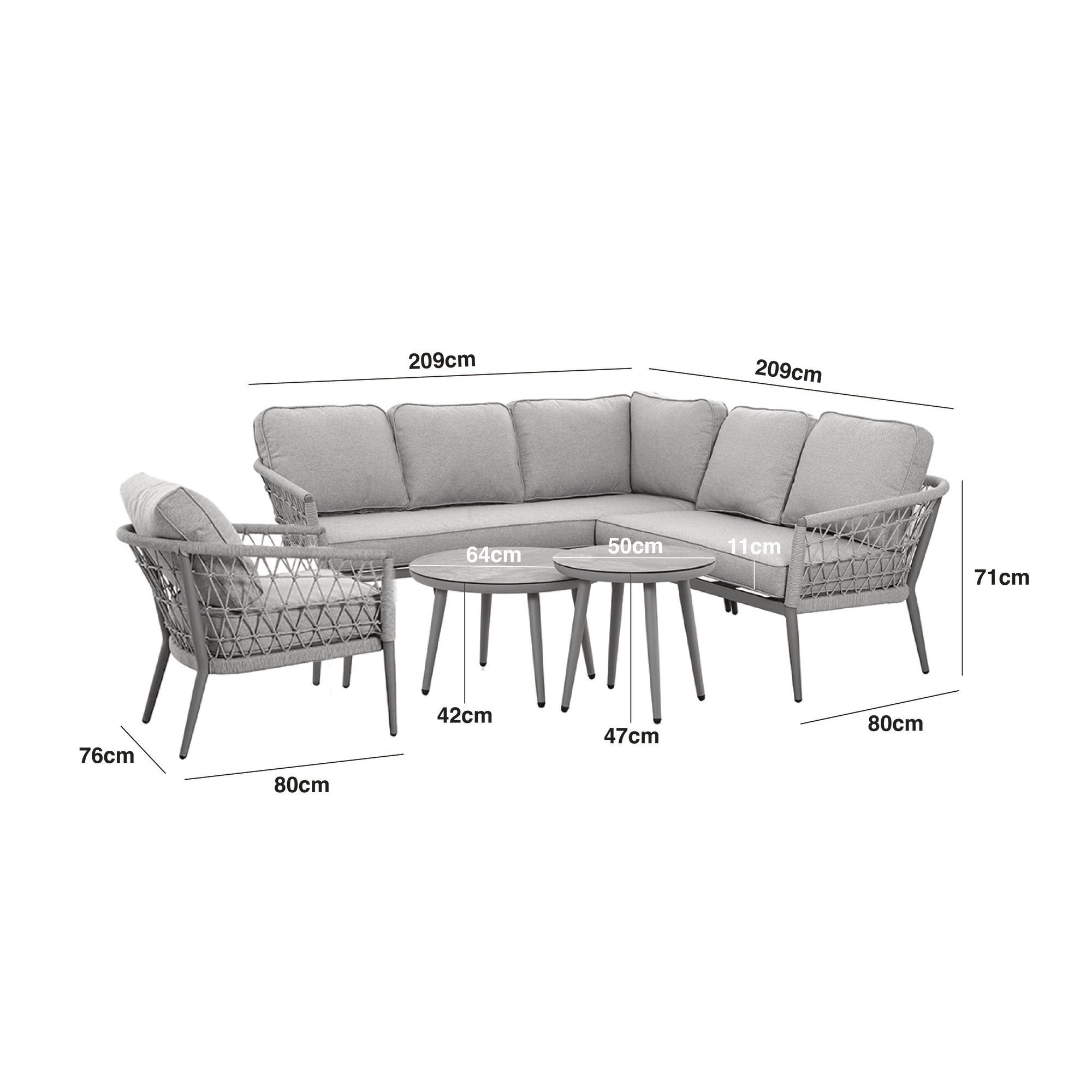 Monaco Rope Weave Small Corner with Pair of Round Coffee Tables & Armchair