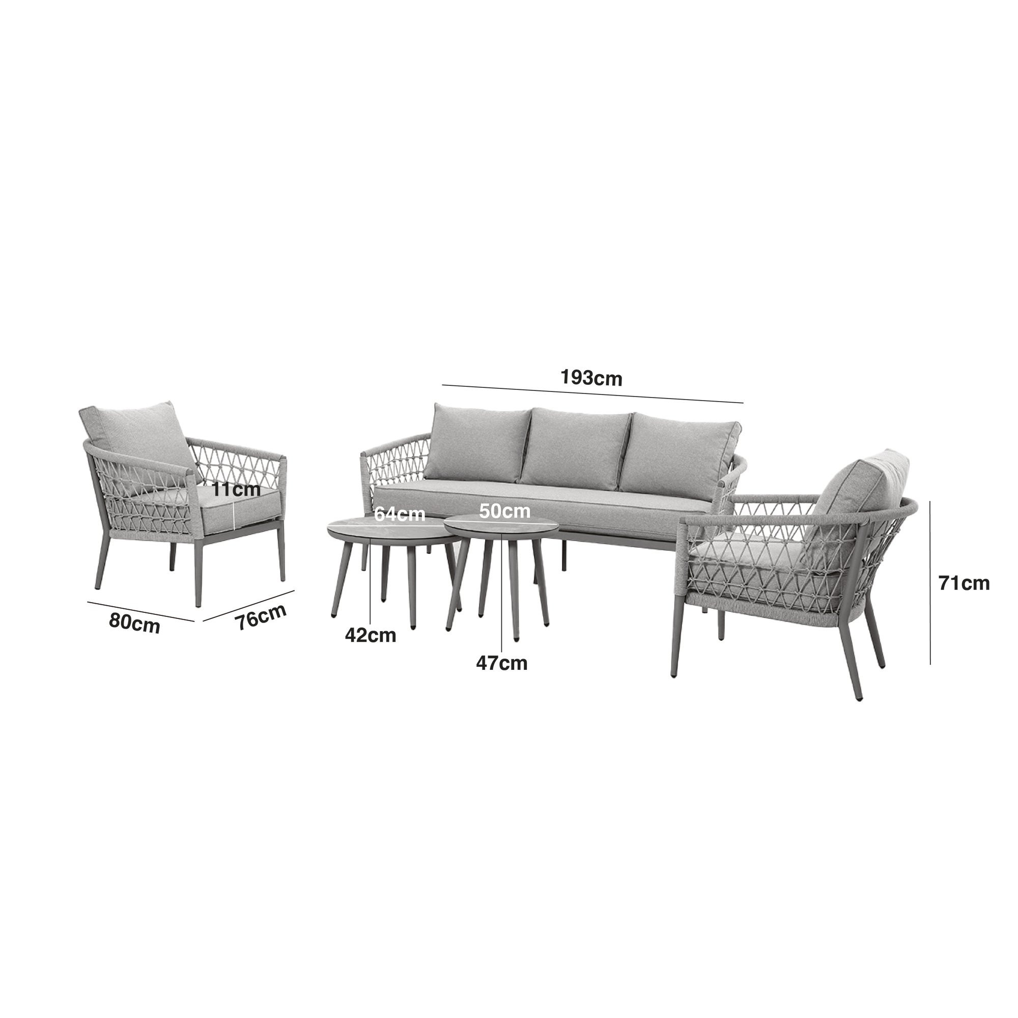 Monaco Rope Weave 3 Seat Sofa Set with Pair of Round Coffee Tables