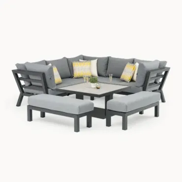 Emerson Compact Corner Aluminium Lounge Dining Set with 2 Benches - Adjustable Rising Table - 5