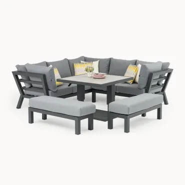 Emerson Compact Corner Aluminium Lounge Dining Set with 2 Benches - Adjustable Rising Table