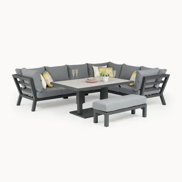 Emerson L-Shaped Corner Aluminium Lounge Dining Set with Bench - Right Handed Adjustable Rising Table - 10