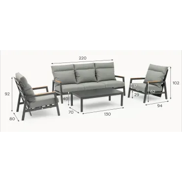Isaac Aluminium Wood 3 Seater Sofa Lounging Set  - 2