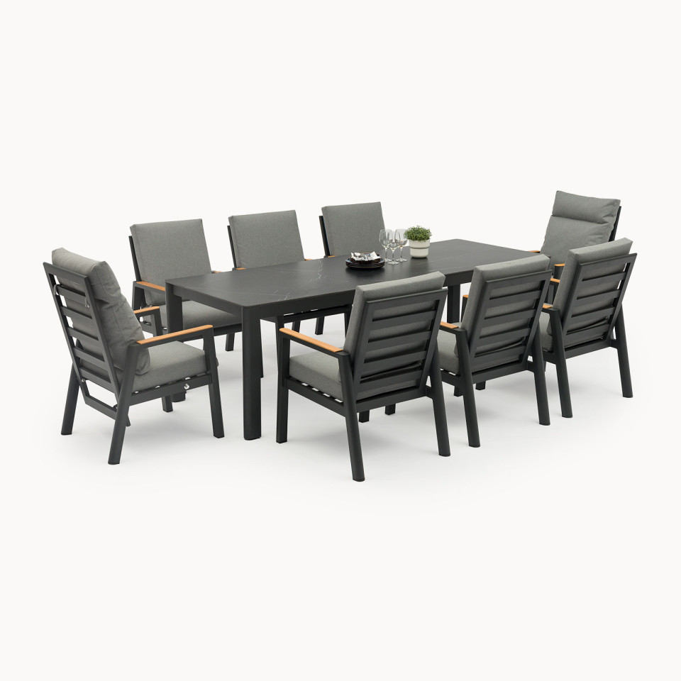 Isaac 8 Seat Aluminium Wood Dining Set with 2 Reclining Chairs
