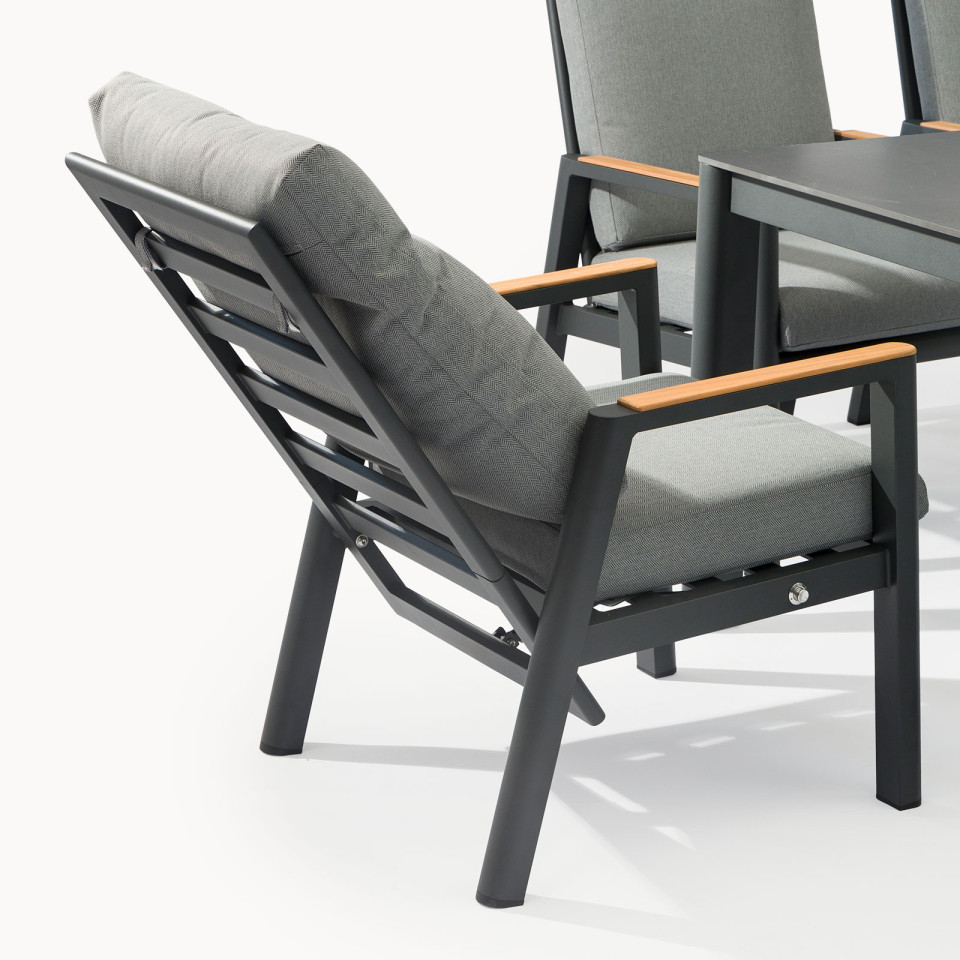 Isaac 8 Seat Aluminium Wood Dining Set with 2 Reclining Chairs