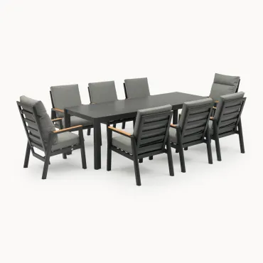 Isaac 8 Seat Aluminium Wood Dining Set with 2 Reclining Chairs