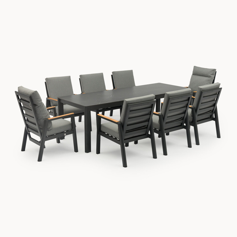 Isaac 8 Seat Aluminium Wood Dining Set with 2 Reclining Chairs