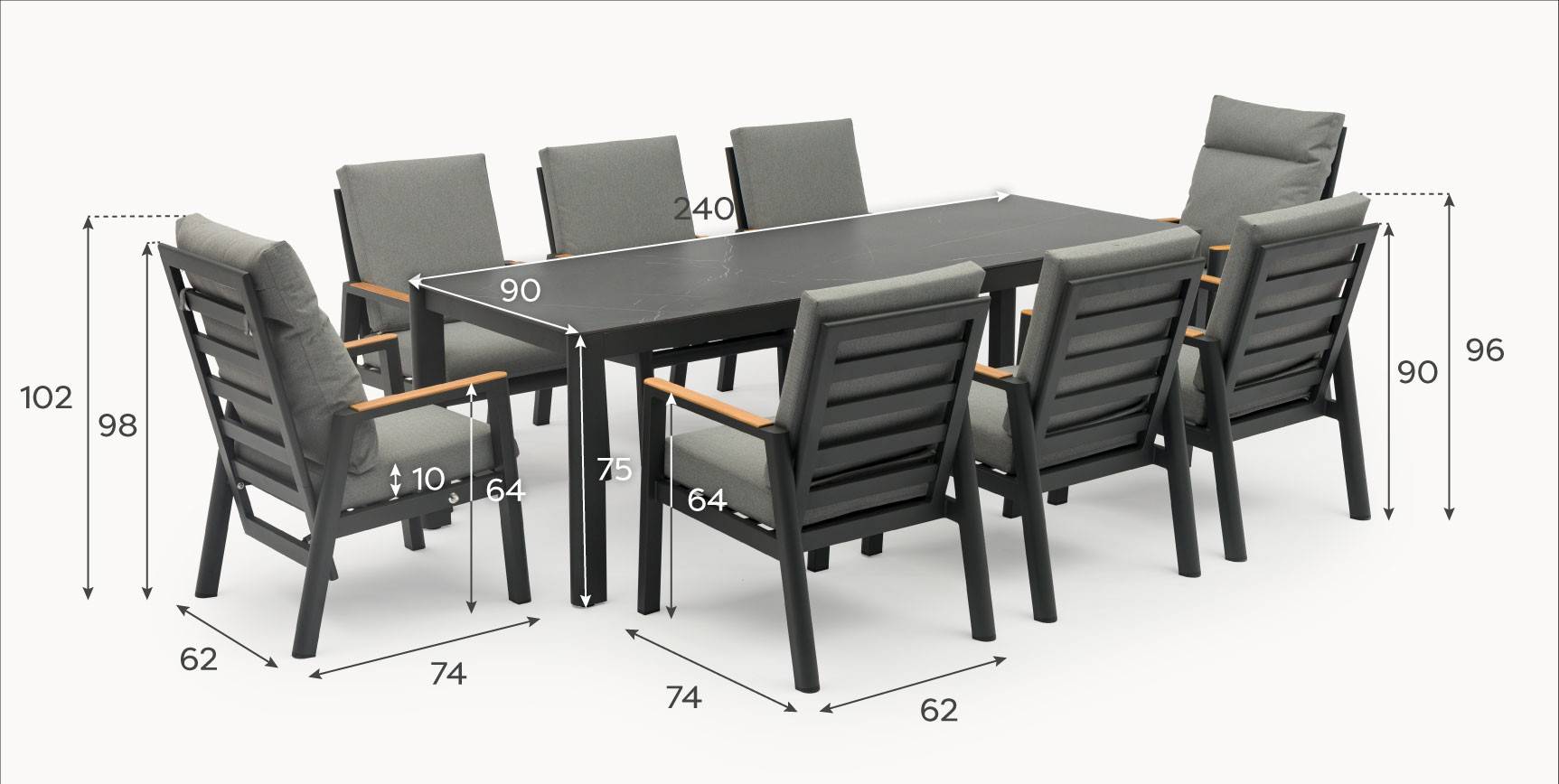 Isaac 8 Seat Aluminium Wood Dining Set with 2 Reclining Chairs