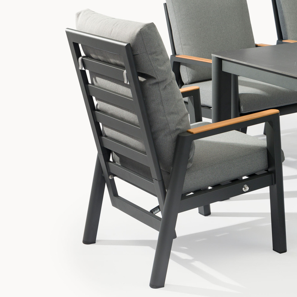 Isaac 8 Seat Aluminium Wood Dining Set with 2 Reclining Chairs