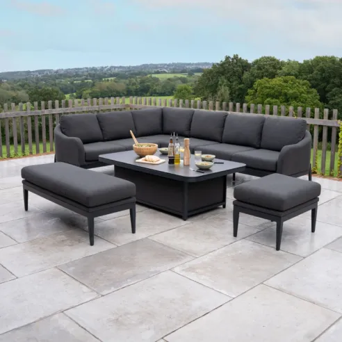 Duke L-Shaped Corner All Weather Fabric Aluminium Lounge Dining Set with Benches - Left Handed Rising Table in Charcoal Grey  -