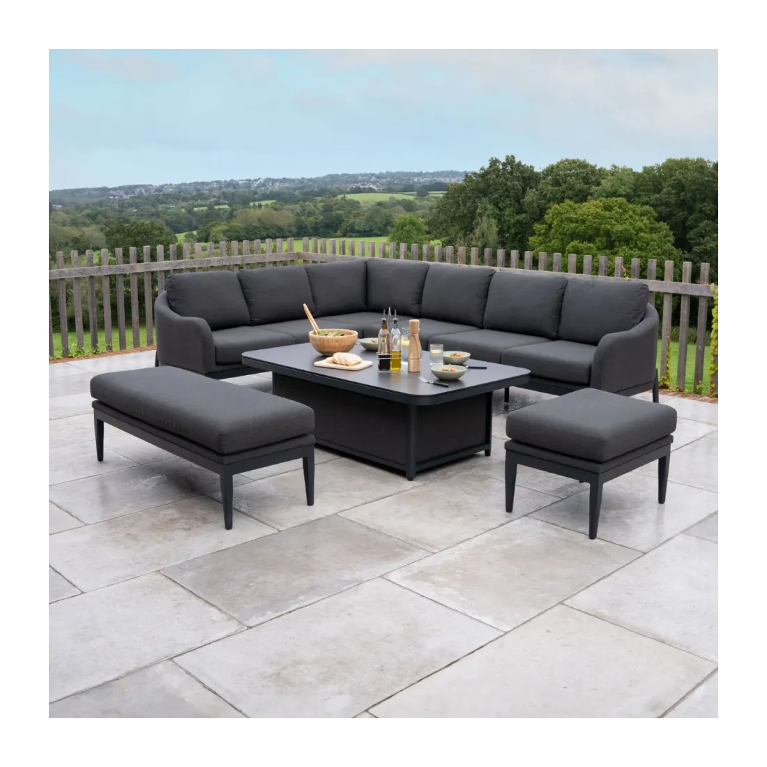 Duke L-Shaped Corner All Weather Fabric Aluminium Lounge Dining Set with Benches - Left Handed Rising Table in Charcoal Grey  -