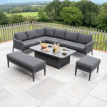 Duke L-Shaped Corner All Weather Fabric Aluminium Lounge Dining Set with Benches - Left Handed Rising Table in Charcoal Grey  -