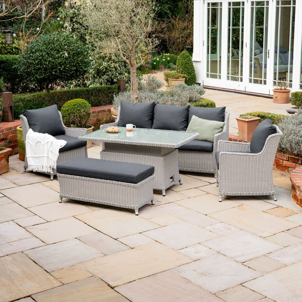 Talia 3 Seater Rattan Dining Set with 2 Armchairs & Bench - Rising Table