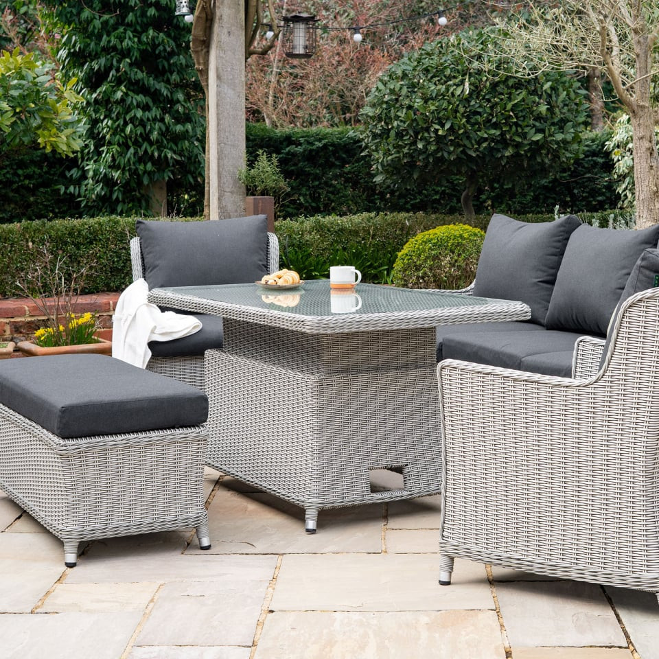 Talia 3 Seater Rattan Dining Set with 2 Armchairs & Bench - Rising Table