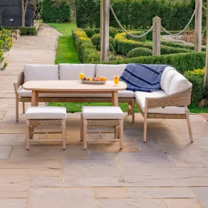 Hailey L-Shaped Corner Rattan Wood Lounge Dining Set with 2 Stools