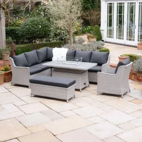 Talia L-Shaped Corner Rattan Lounge Dining Set with Armchair and Bench - Rising Gas Fire Pit Table - 2