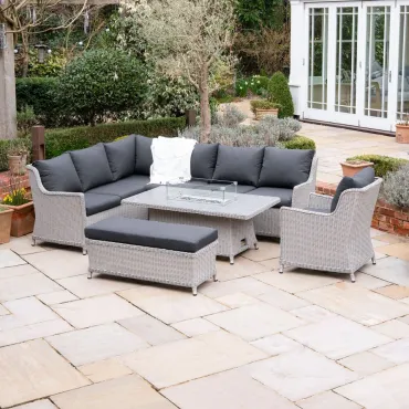 Talia Corner Rattan Dining Set with Armchair & Bench - Rising Gas Fire Pit Table