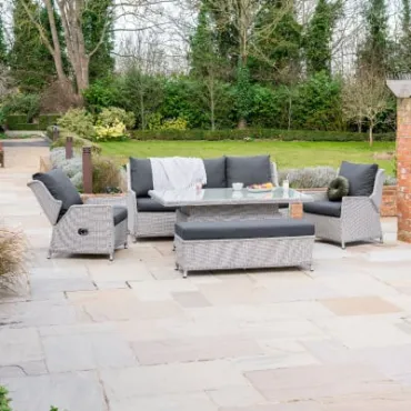 Talia 3 Seater Grande Rattan Lounge Dining Set with 2 Reclining Armchairs and Bench - Rising Table - 2