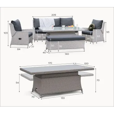 Talia 3 Seater Grande Rattan Dining Set with 2 Reclining Armchairs & Bench - Rising Table