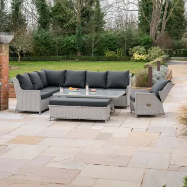 Talia L-Shaped Grande Corner Rattan Lounge Dining Set with Reclining Armchair and Bench - Rising Table