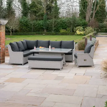 Talia L-Shaped Grande Corner Rattan Lounge Dining Set with Reclining Armchair and Bench - Rising Table