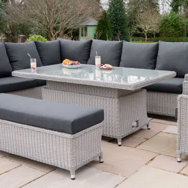 Talia L-Shaped Grande Corner Rattan Lounge Dining Set with Reclining Armchair and Bench - Rising Table