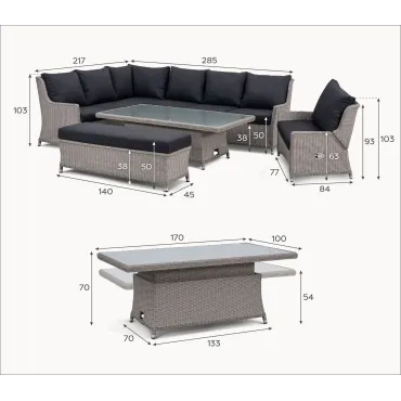 Talia L-Shaped Grande Rattan Dining Set with Reclining Armchair & Bench - Rising Table