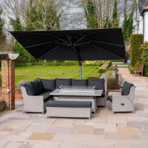 Talia L-Shaped Grande Corner Rattan Lounge Dining Set with Reclining Armchair and Bench -3 Rising Gas Fire Pit Table - 2