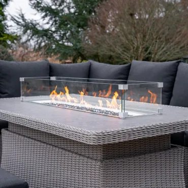Talia Grande Corner Rattan Dining Set with Reclining Armchair & Bench - Rising Gas Fire Pit Table
