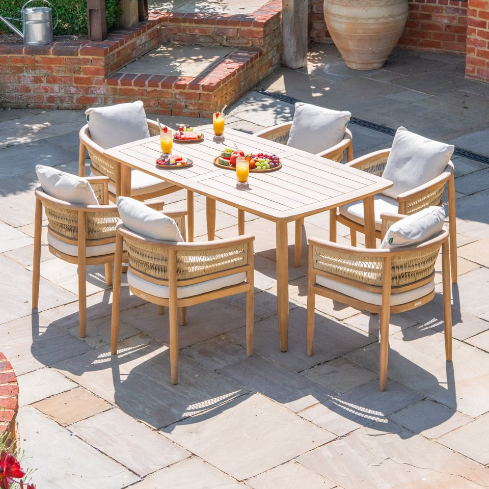 Matilda 6 Seat Rattan Wood Dining Set - Rectangular Table