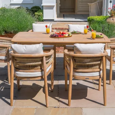 Matilda 6 Seat Rattan Wood Dining Set - Rectangular Table  - 10