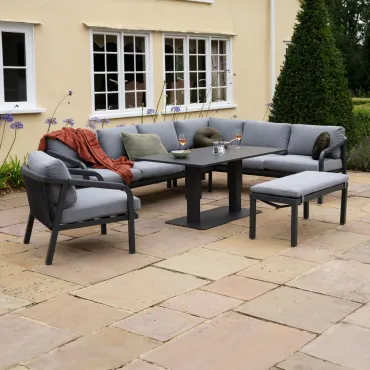 Teagan Aluminium Rope Large Corner Lounge Dining Set with Rising Table