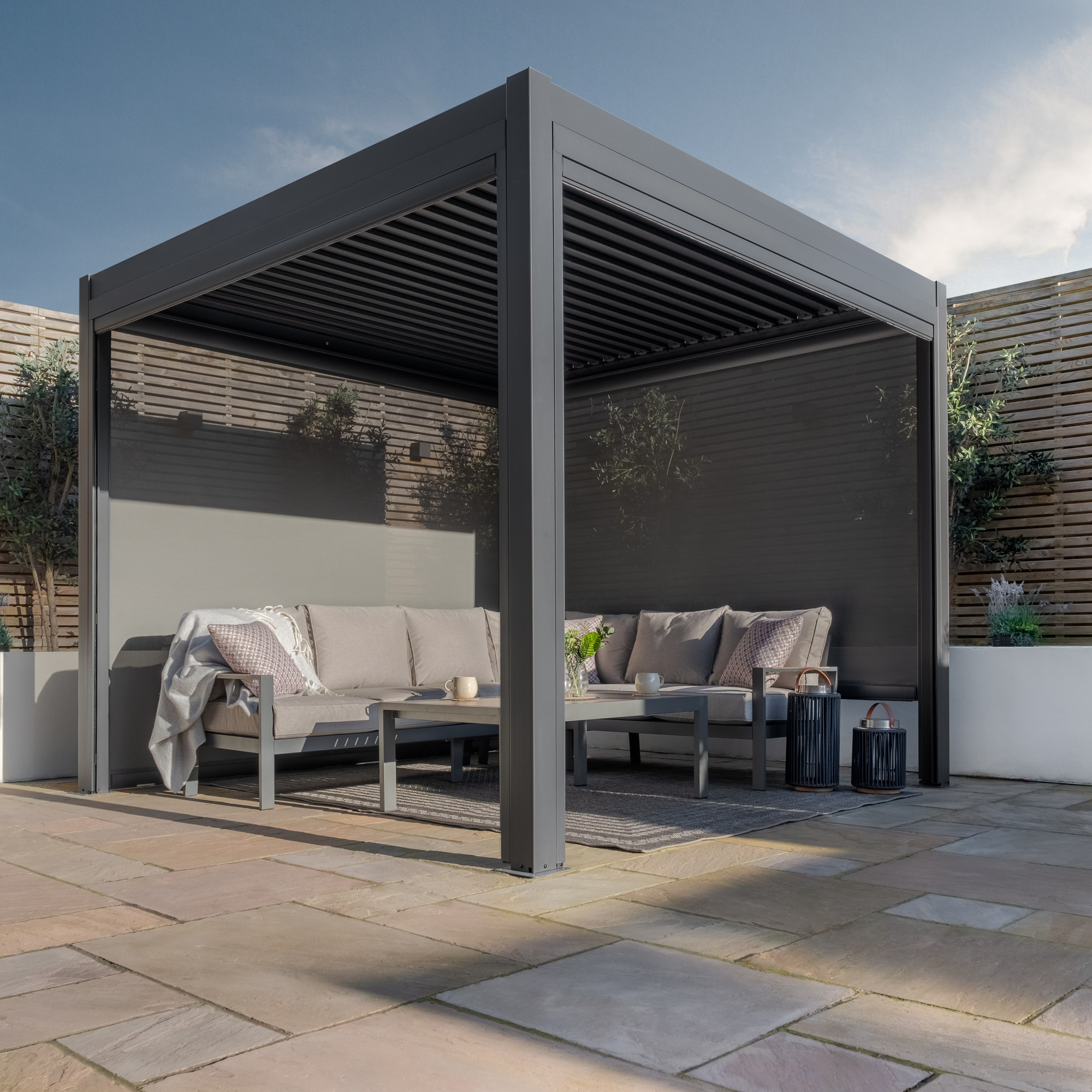 Jupiter 3m x 3m Aluminium Pergola Frame & Manual Operated Galvanised Steel Roof Louvres