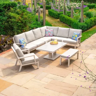 Vogue L-Shaped Corner Aluminium Lounge Dining Set with Armchair and Bench - Adjustable Rising Table