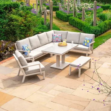 Vogue L-Shaped Corner Aluminium Lounge Dining Set with Armchair and Bench - Adjustable Rising Table