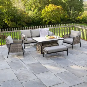 Sophia 3 Seater Rattan Aluminium Lounge Dining Set with 2 Armchairs Bench - Rising Table