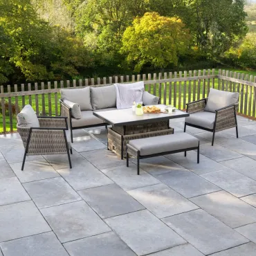 Sophia 3 Seater Rattan Aluminium Lounge Dining Set with 2 Armchairs Bench - Rising Table