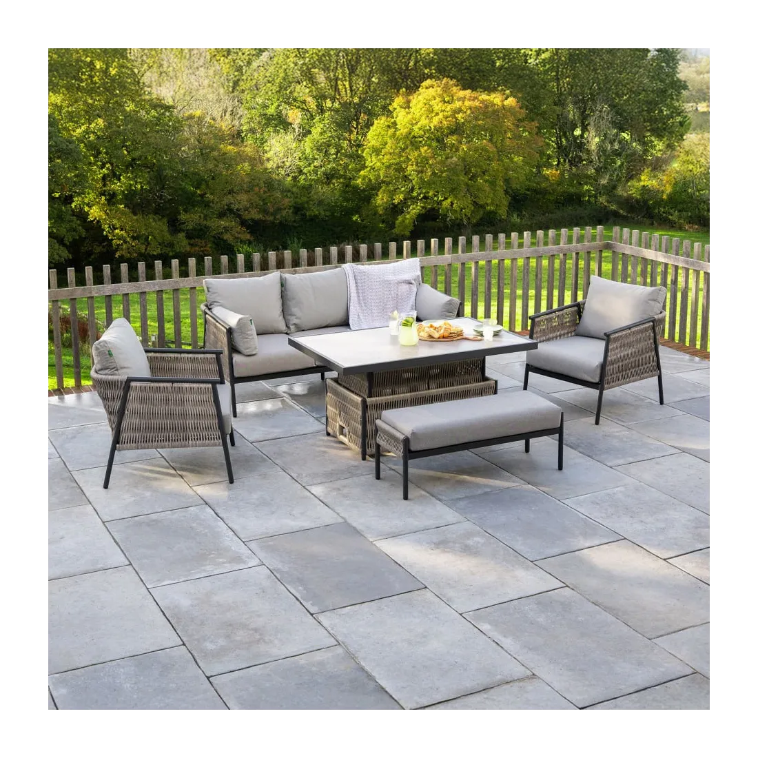 Sophia 3 Seater Rattan Aluminium Lounge Dining Set with 2 Armchairs Bench - Rising Table