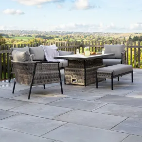 Sophia 3 Seater Rattan Aluminium Lounge Dining Set with 2 Armchairs Bench - Rising Table