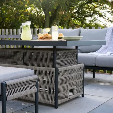 Sophia 3 Seater Rattan Aluminium Lounge Dining Set with 2 Armchairs Bench - Rising Table