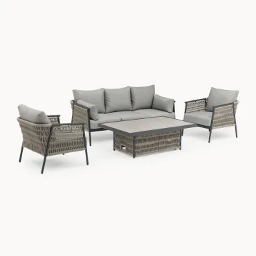 Sophia 3 Seater Rattan Aluminium Lounge Dining Set with 2 Armchairs Bench - Rising Table