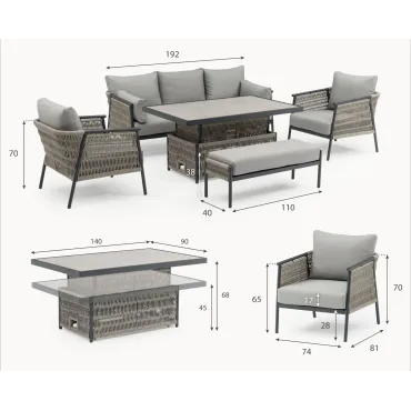 Sophia 3 Seater Rattan Aluminium Lounge Dining Set with 2 Armchairs Bench - Rising Table