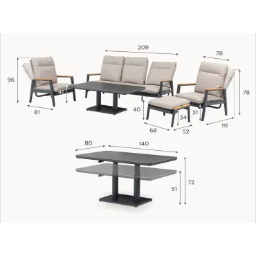 Parker 3 Seater Aluminium Rope Reclining Dining