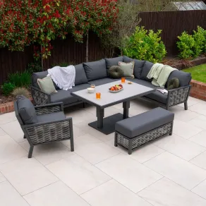 Caleb Corner Rattan Aluminium Dining with Armchair & Bench