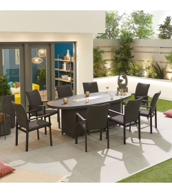 Hugo Outdoor Fabric 8 Seat Oval Dining Set with Firepit Table